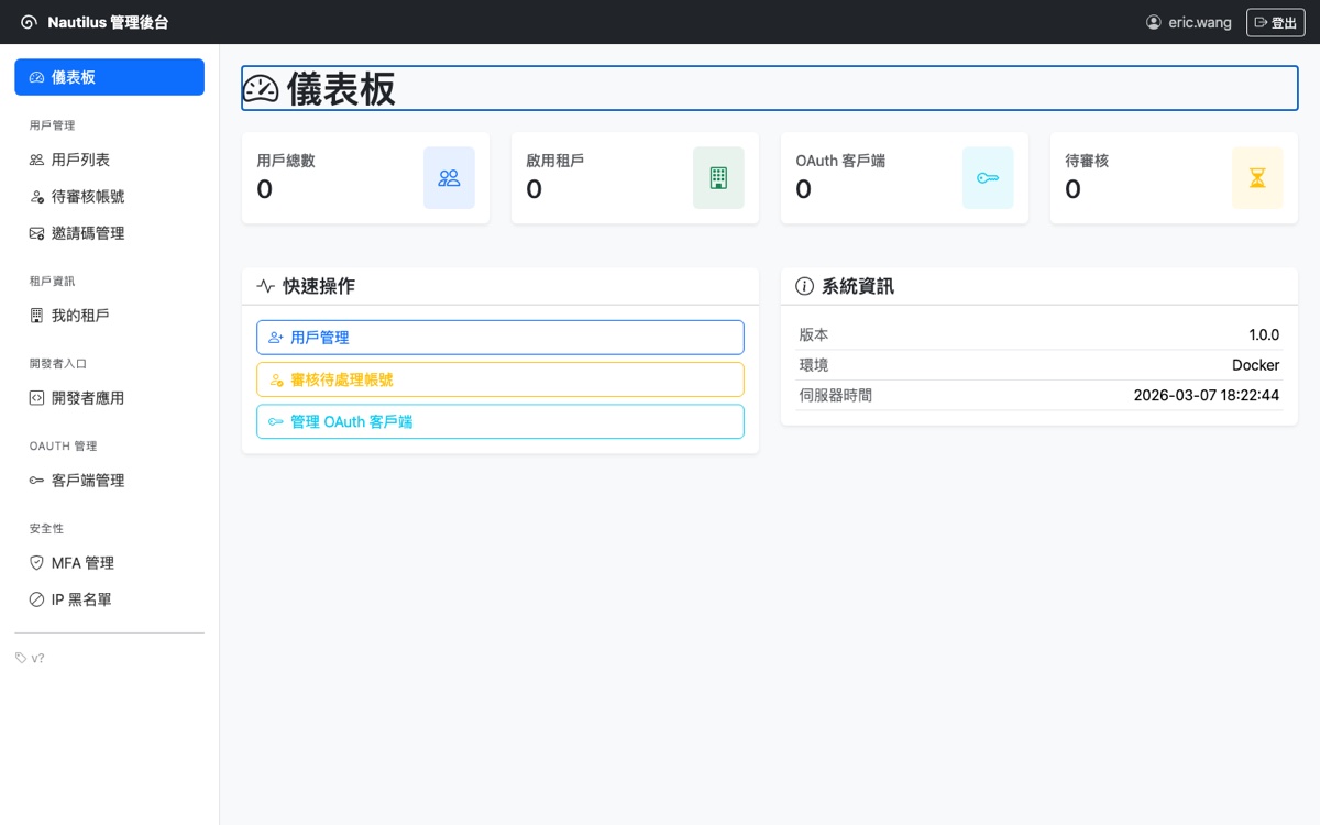 Nautilus Admin Dashboard — User Management, OAuth Clients, MFA Settings